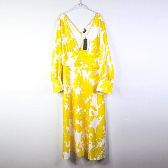 Vonda Dress Women 1X 2X Plus Yellow White Floral Maxi Deep V-neck Regency NWT - Picture 1 of 8